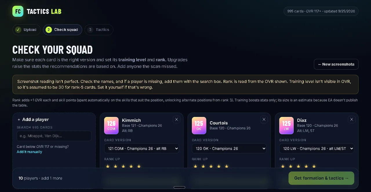 The check-your-squad step: each card read from the screenshot, with its version and rank