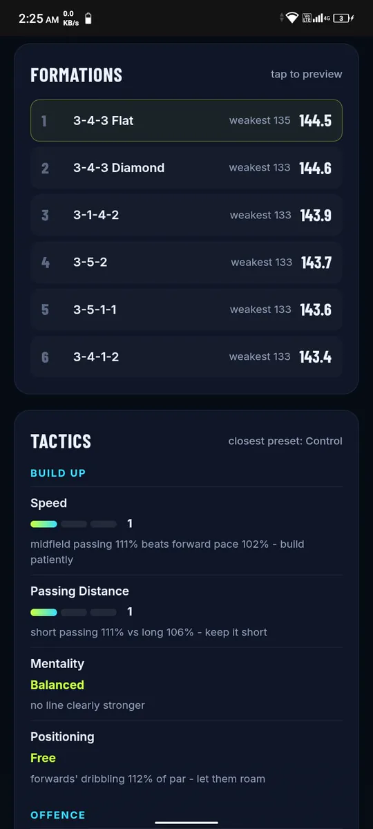 On a phone: six formations ranked by fit, and the tactics they call for