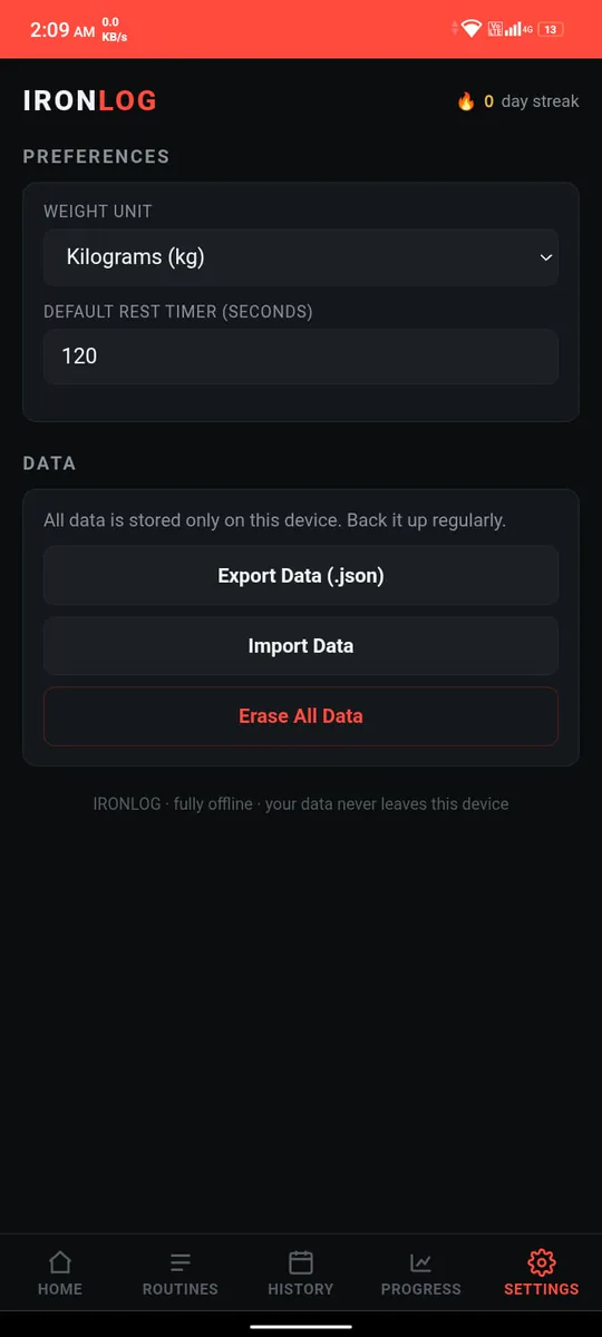 Settings: “All data is stored only on this device”, with export, import and erase