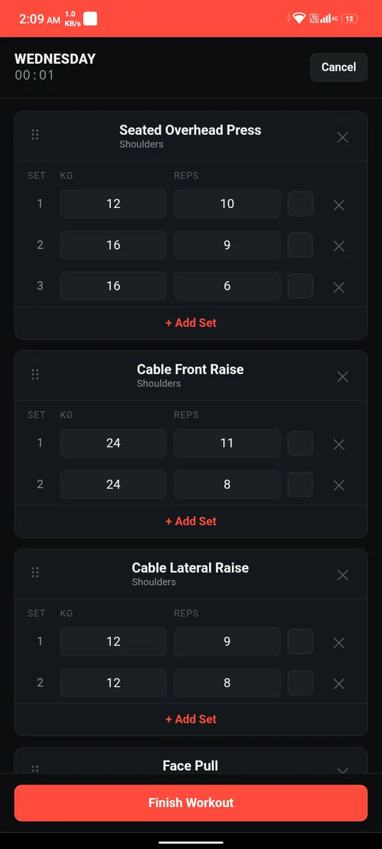 A workout in progress: sets of weight and reps for seated overhead press and cable front raise